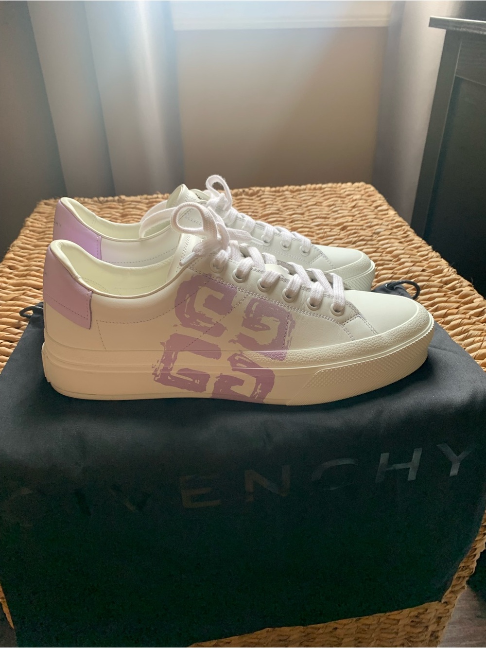 Givenchy White Leather Low-Top Sneakers with Lavender Graphic